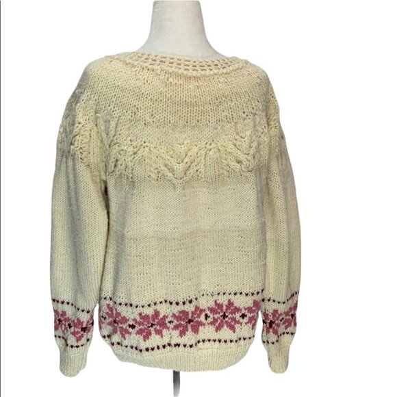 RARE! Vintage🌸Hand Knit Chunky Fair Isle Pullover Sweater Roses Size S… - Picture 5 of 8